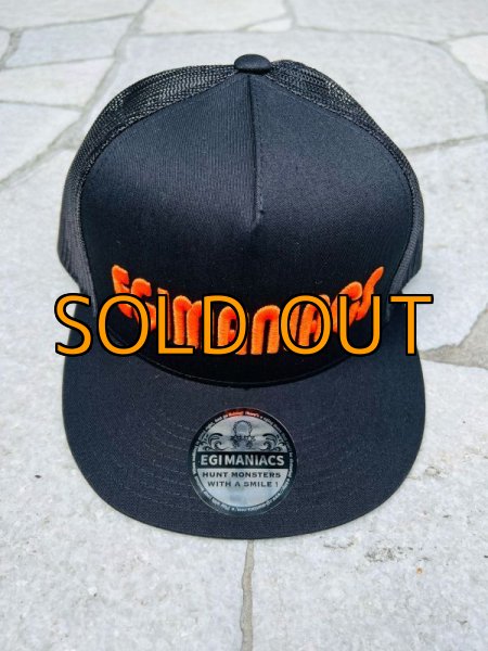 画像1: ★送料無料★エギマニ/3D刺繍スナップバックフラットメッシュCAP【BLACK/ORANGE】 (1)